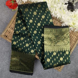 Premium Half Silk Jamdani Saree Combo Set - Green - Image 5